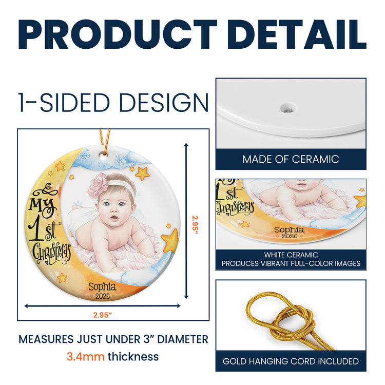 Baby First Christmas Moon Lover Keepsake Custom Photo Watercolor - Personalized Ornament 5