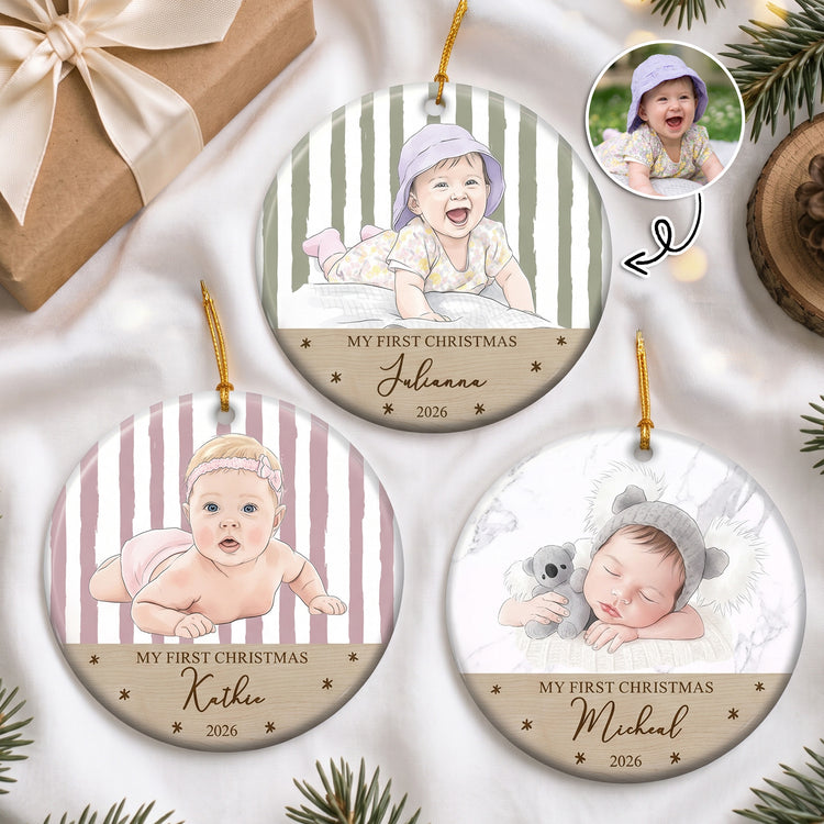 Baby's First Christmas For Baby Girl Baby Boy Custom Photo Watercolor Art - Personalized Ornament 1