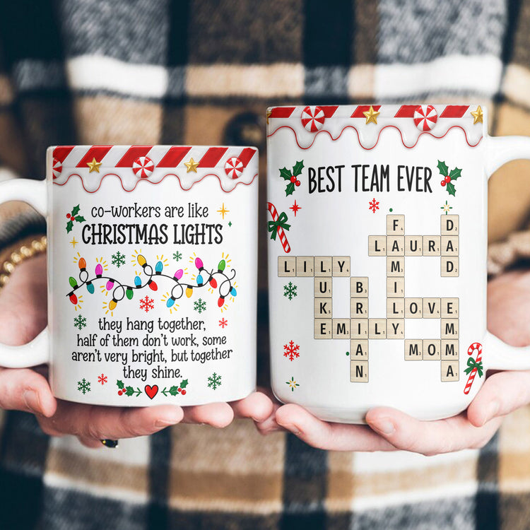 Best Team - Custom Name Crosswords - Co-Workers Are Like Christmas Lights - Personalized Mug 4