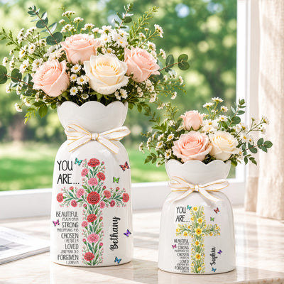 Birth Flower Cross You Are Bible Verse Affirmations - Personalized Vase
