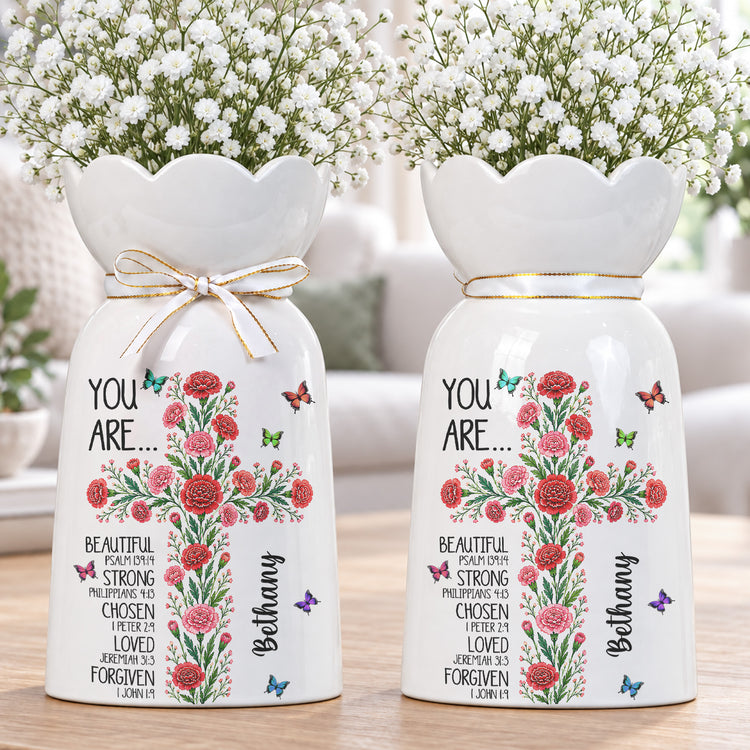Birth Flower Cross You Are Bible Verse Affirmations - Personalized Vase 2
