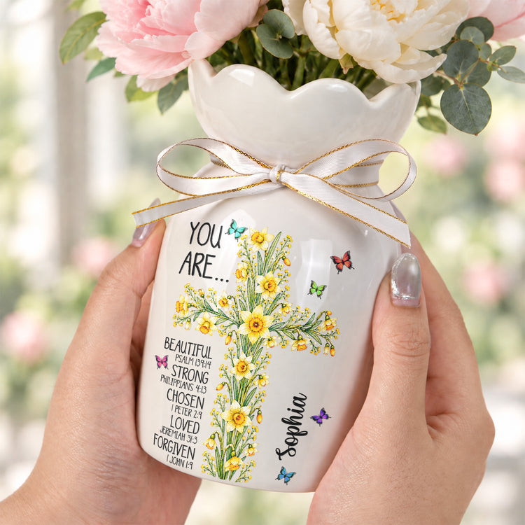 Birth Flower Cross You Are Bible Verse Affirmations - Personalized Vase 4