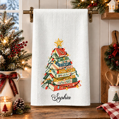 Book Tree Christmas Tea Towel Book Lover Holiday Decor, Gift For Book Club, Hostess Gift - Personalized Kitchen Towel