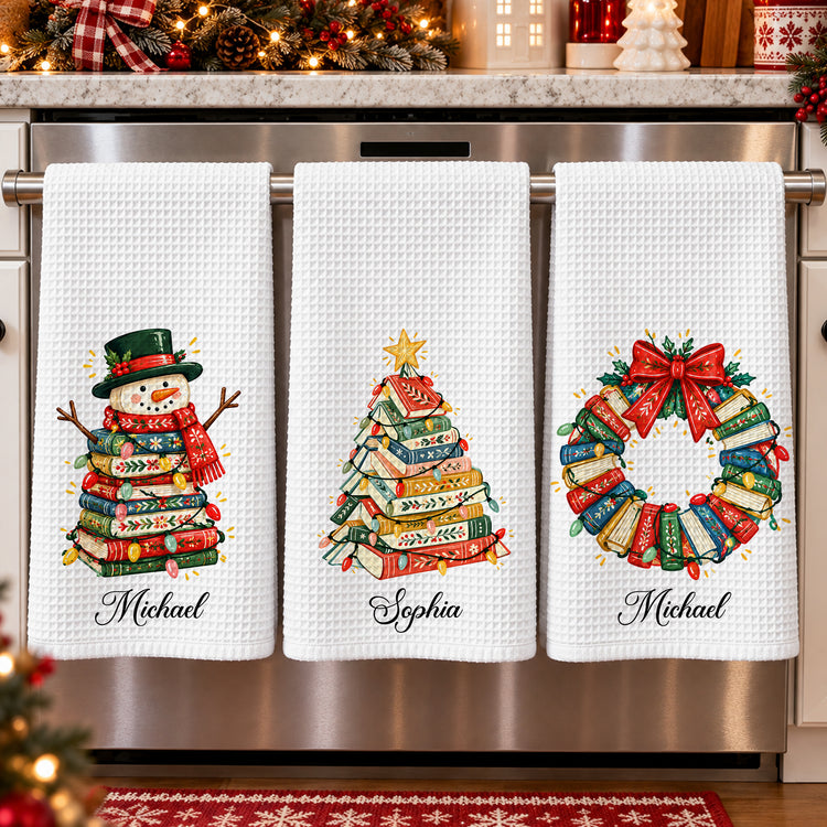 Book Tree Christmas Tea Towel: Book Lover Holiday Decor, Gift For Book Club, Hostess Gift - Personalized Kitchen Towel 2