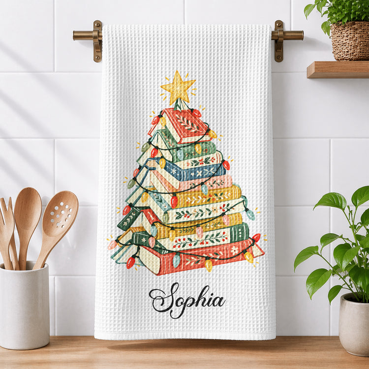 Book Tree Christmas Tea Towel: Book Lover Holiday Decor, Gift For Book Club, Hostess Gift - Personalized Kitchen Towel 3