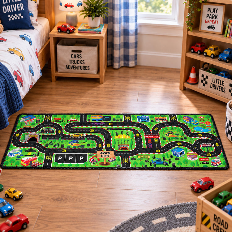 Boy Toy Cars Play Room Decor Cars, Construction, Galaxy Theme - Personalized Runner Rug 2