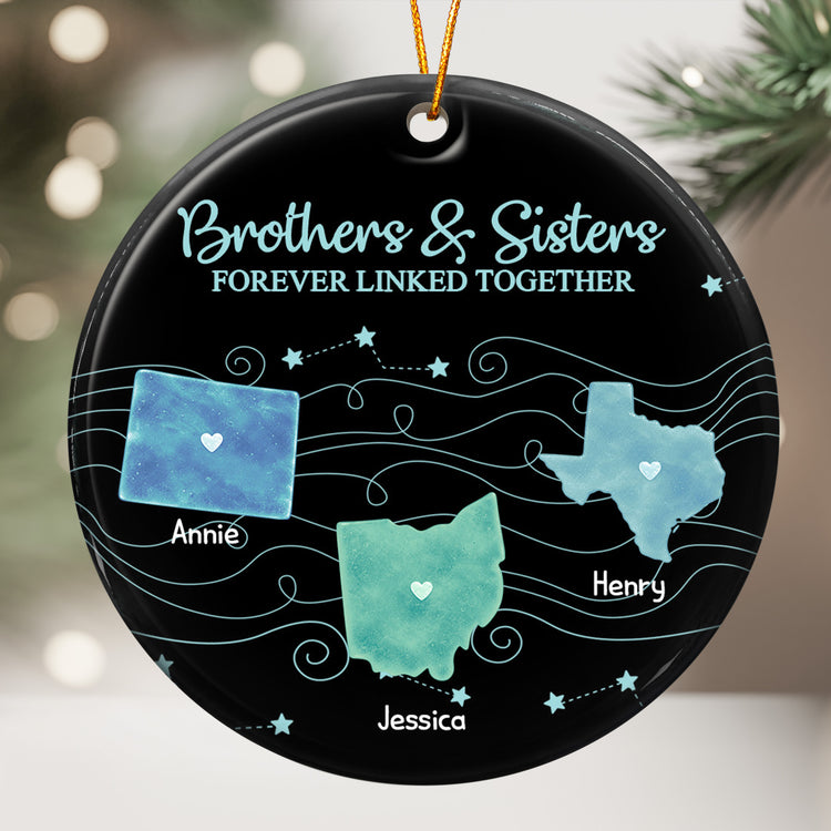 Brothers & Sisters Forever Linked Together State Map - Personalized Ornament 1