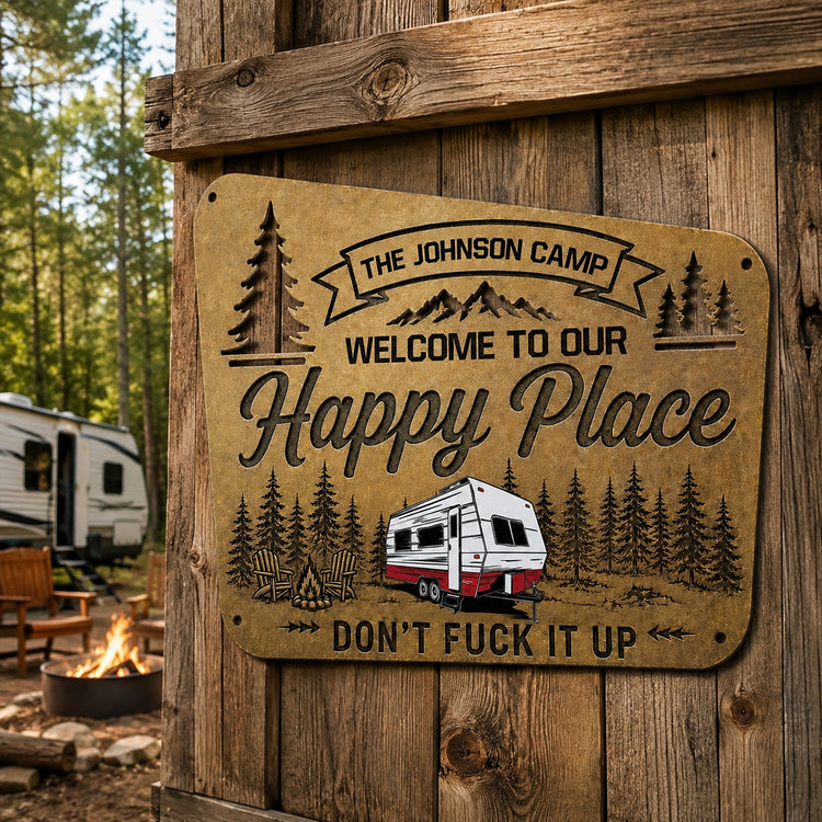 Camping Site Custom Camper, RV - Welcome To Our Happy Place Don’T F It Up - Personalized Metal Sign 1