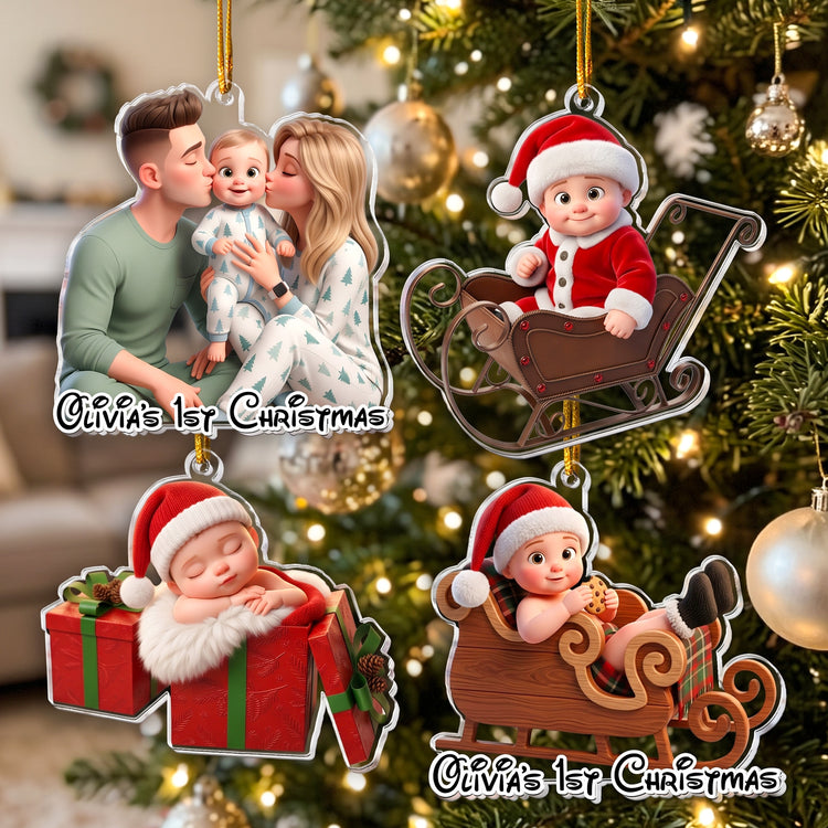 Cartoon Your Photo - Newborn Baby's First Christmas - Personalized Ornament 1