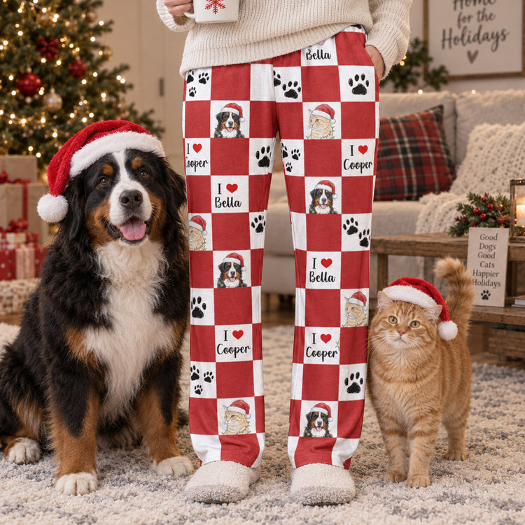Checkerboard Pattern Custom Pet Portrait Watercolor Art - Personalized Lounge Pants 2