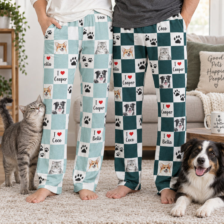 Checkerboard Pattern Custom Pet Portrait Watercolor Art - Personalized Lounge Pants 3