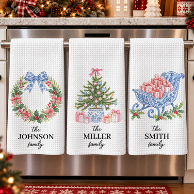 Chinoiserie Christmas Tree Tea Towel, Hostess Gift, Kitchen Holiday Decor - Personalized Kitchen Towel