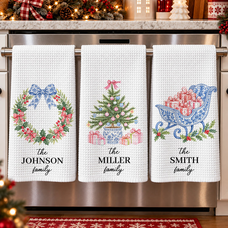 Chinoiserie Christmas Tree Tea Towel, Hostess Gift, Kitchen Holiday Decor - Personalized Kitchen Towel 1