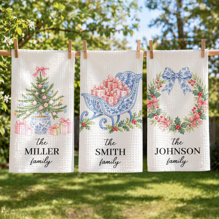 Chinoiserie Christmas Tree Tea Towel, Hostess Gift, Kitchen Holiday Decor - Personalized Kitchen Towel 6
