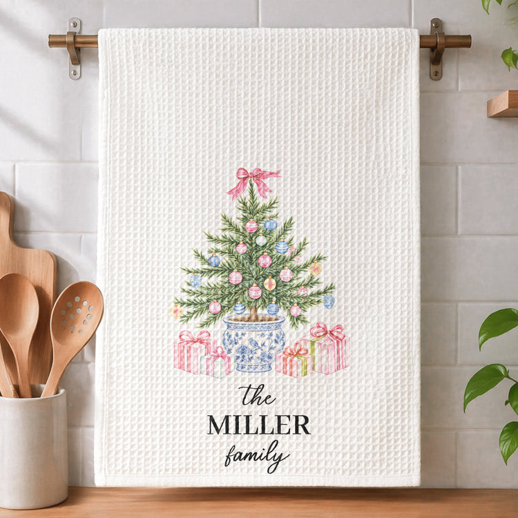 Chinoiserie Christmas Tree Tea Towel, Hostess Gift, Kitchen Holiday Decor - Personalized Kitchen Towel 7