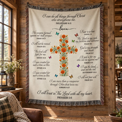 Christian Affirmations Cross Birth Month Flower Gift For Her - Personalized Blanket