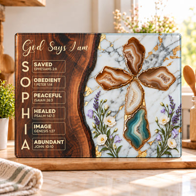 Christian Cross Glass Wood Look Gift For Her, Wife, Daughter, Mom, Sister, Friends - Personalized Cutting Board