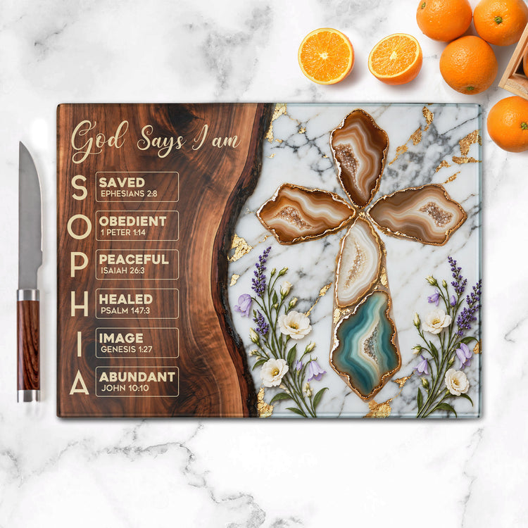 Christian Cross Glass Wood Look Gift For Her, Wife, Daughter, Mom, Sister, Friends - Personalized Cutting Board 2