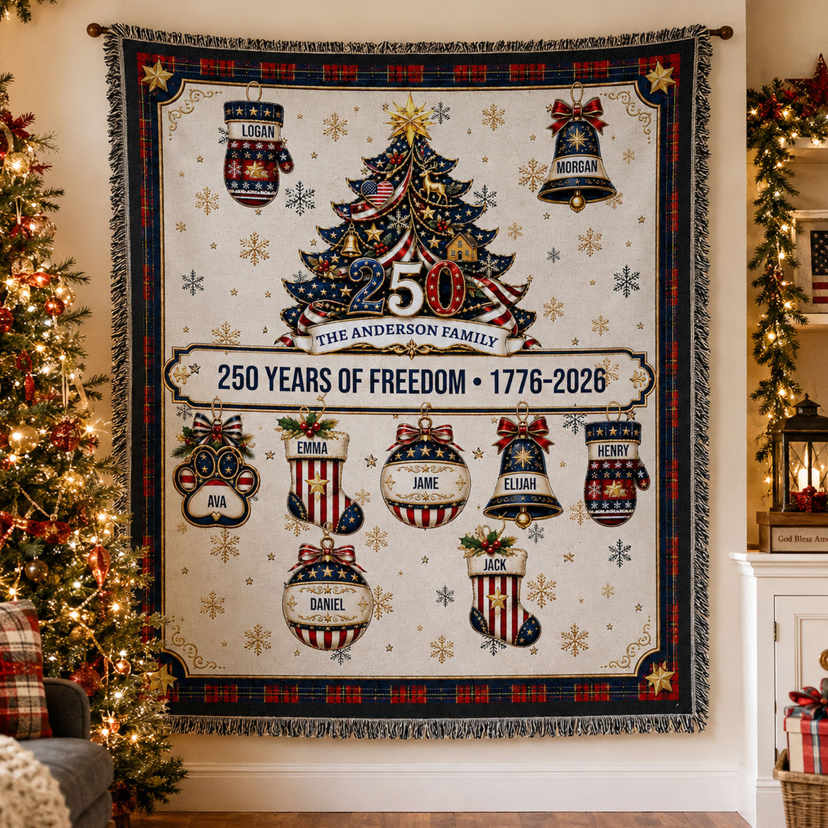 Christmas 250 Years Of Freedom - Custom Family Name Xmas Festive Decors - Personalized Blanket 1