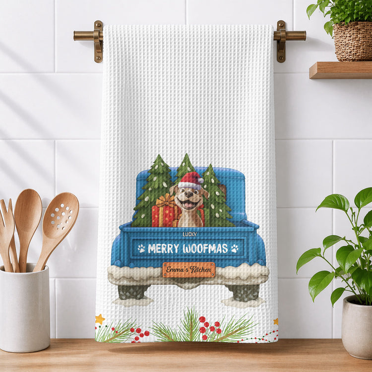 Christmas Gift For Dog Lover Rustic Red Truck, Housewarming Gift Hostess Gift, Kitchen Decor - Personalized Kitchen Towel 3