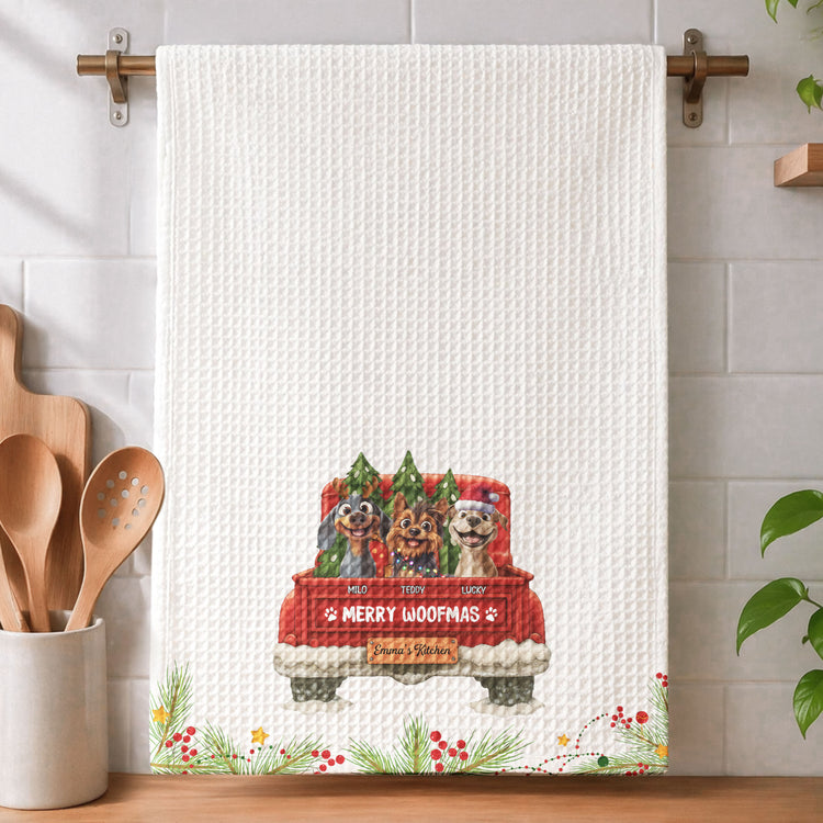 Christmas Gift For Dog Lover Rustic Red Truck, Housewarming Gift Hostess Gift, Kitchen Decor - Personalized Kitchen Towel 4
