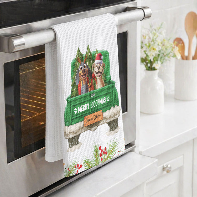 Christmas Gift For Dog Lover Rustic Red Truck, Housewarming Gift Hostess Gift, Kitchen Decor - Personalized Kitchen Towel 6