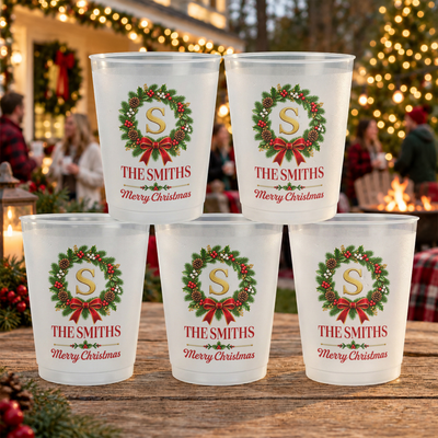 Christmas Party Custom Family Name & Monogram In Holly Wreath - Personalized Frosted Cups