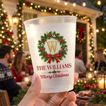 Christmas Party Custom Family Name & Monogram In Holly Wreath - Personalized Frosted Cups 2