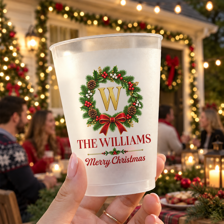 Christmas Party Custom Family Name & Monogram In Holly Wreath - Personalized Frosted Cups 2