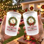 Christmas Party Custom Family Name & Monogram In Holly Wreath - Personalized Frosted Cups 4