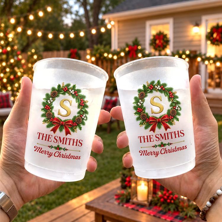 Christmas Party Custom Family Name & Monogram In Holly Wreath - Personalized Frosted Cups 4