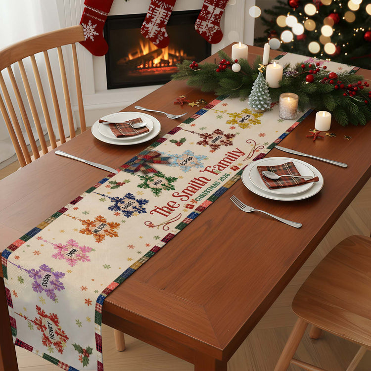 Christmas Together - Custom Family Name, Snowflake Patchwork Effect Mantel Scarf Fireplace Scarf - Personalized Table Runner 2