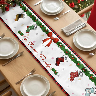 Christmas Together - Custom Family Name, Stocking Xmas Theme - Personalized Table Runner