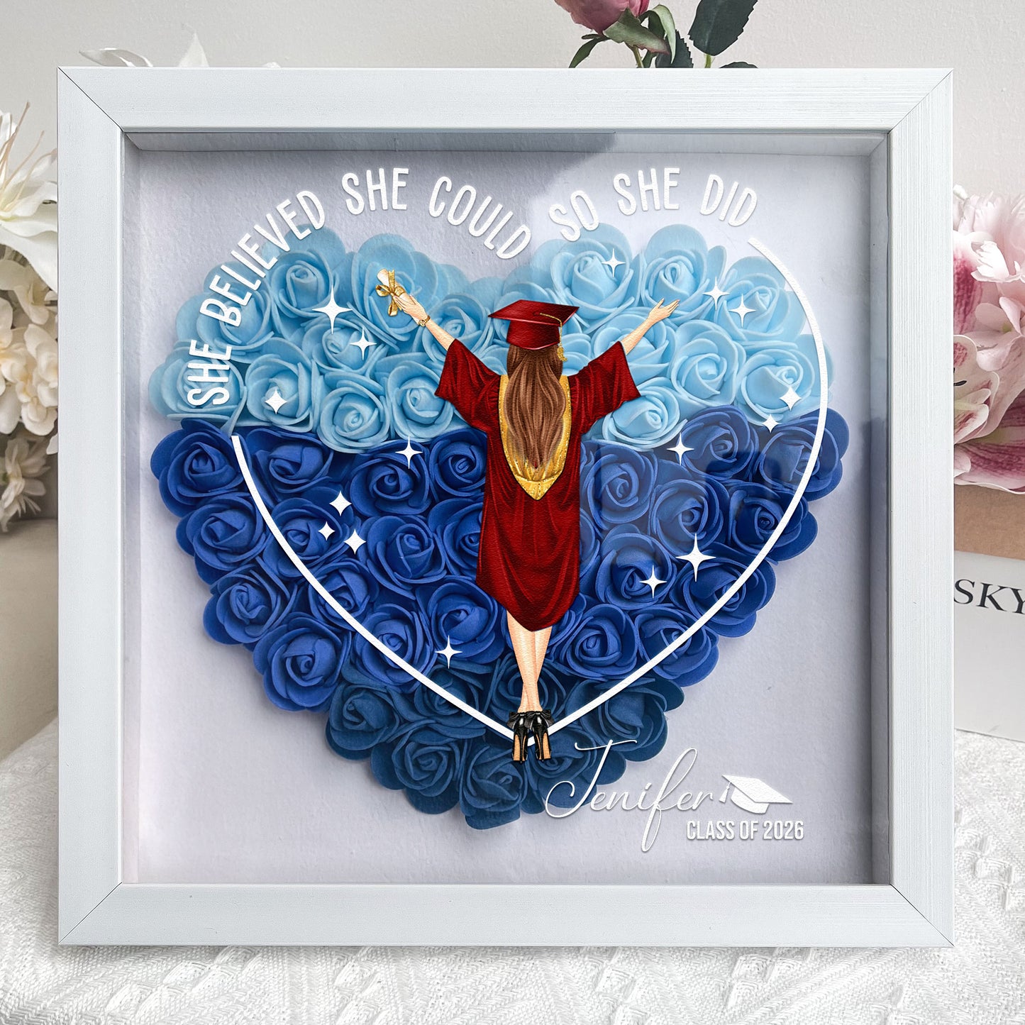 Class Of 2026 Graduation Gift So She Did - Personalized Flower Shadow Macorner Class Of 2026 Graduation Gift So She Did - Personalized Flower Shadow Macorner