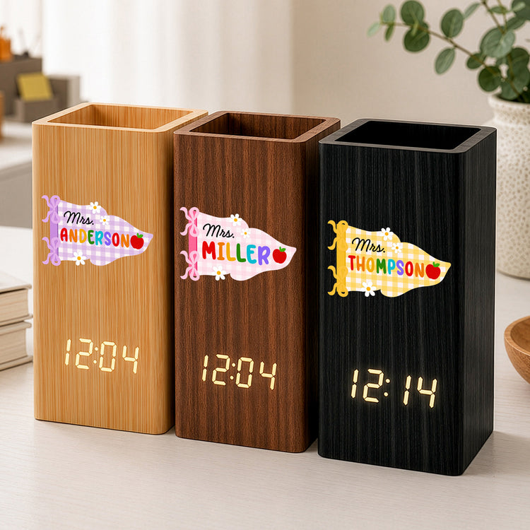 Coquette Bow Gingham Pennant Teacher - Personalized Pen Holder With Clock 1