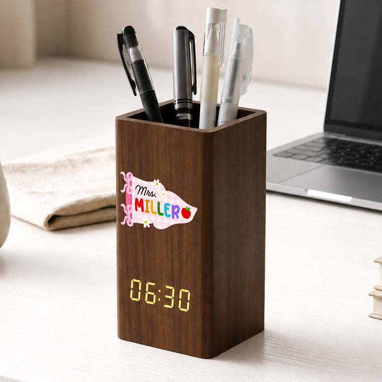 Coquette Bow Gingham Pennant Teacher - Personalized Pen Holder With Clock 2