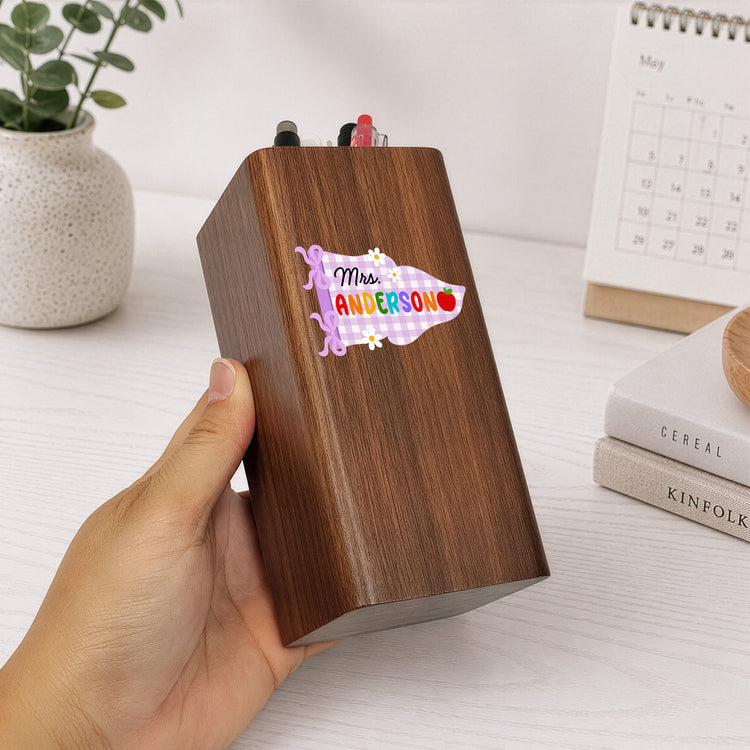 Coquette Bow Gingham Pennant Teacher - Personalized Pen Holder With Clock 3