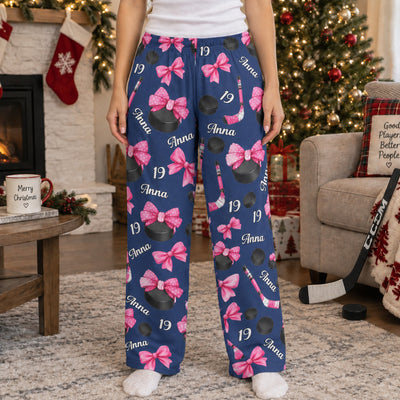 Coquette Bow Hockey Custom Name, Number Gift For Hockey Player, Hockey Team - Personalized Lounge Pants