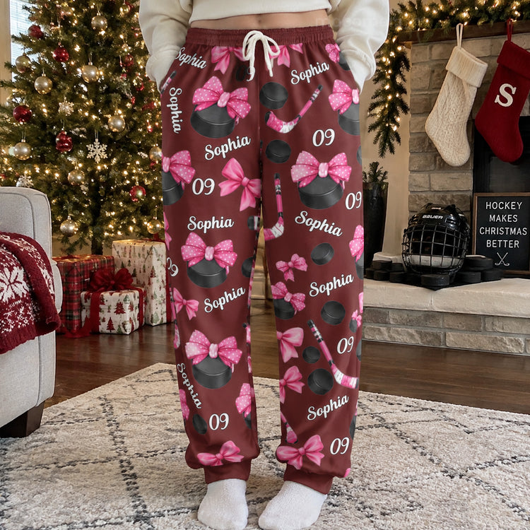 Coquette Bow Hockey Custom Name, Number Gift For Hockey Player, Hockey Team - Personalized Lounge Pants 2