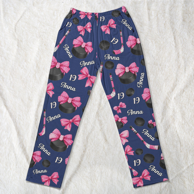 Coquette Bow Hockey Custom Name, Number Gift For Hockey Player, Hockey Team - Personalized Lounge Pants 3