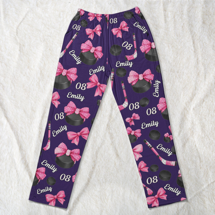 Coquette Bow Hockey Custom Name, Number Gift For Hockey Player, Hockey Team - Personalized Lounge Pants 5