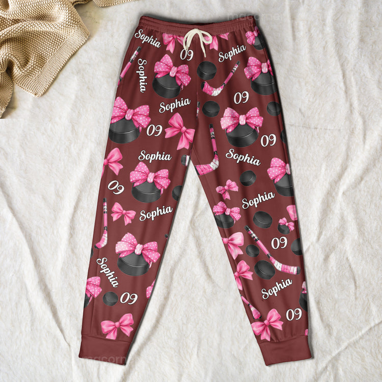 Coquette Bow Hockey Custom Name, Number Gift For Hockey Player, Hockey Team - Personalized Lounge Pants 6