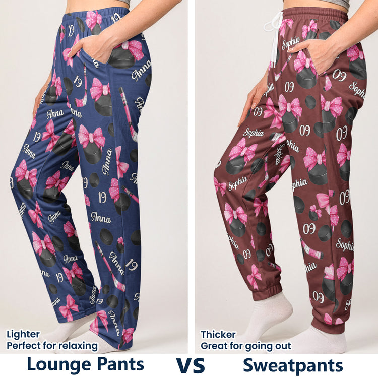 Coquette Bow Hockey Custom Name, Number Gift For Hockey Player, Hockey Team - Personalized Lounge Pants 7
