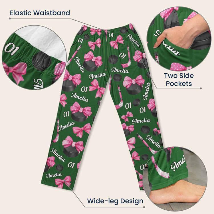 Coquette Bow Hockey Custom Name, Number Gift For Hockey Player, Hockey Team - Personalized Lounge Pants 9