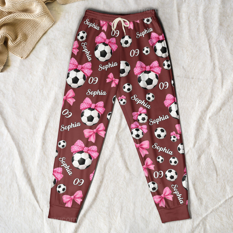 Coquette Bow Soccer Custom Name, Number Gift For Soccer Player, Soccer Team - Personalized Lounge Pants 3