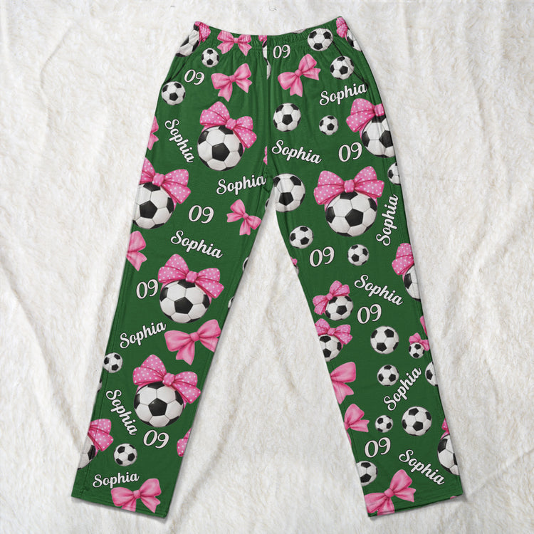Coquette Bow Soccer Custom Name, Number Gift For Soccer Player, Soccer Team - Personalized Lounge Pants 5