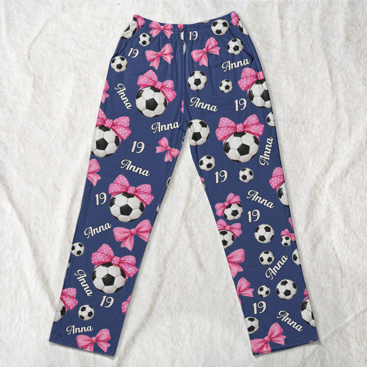 Coquette Bow Soccer Custom Name, Number Gift For Soccer Player, Soccer Team - Personalized Lounge Pants 6