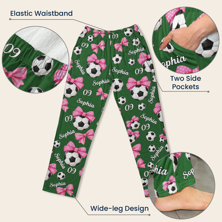 Coquette Bow Soccer Custom Name, Number Gift For Soccer Player, Soccer Team - Personalized Lounge Pants 9