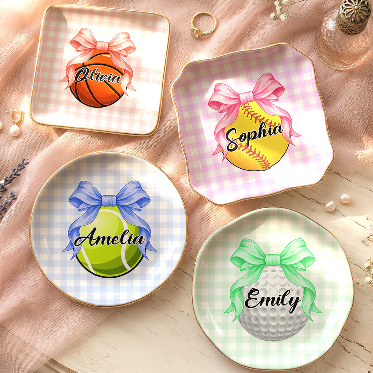 Coquette Bow Sport Custom Name Gift For Softball, Tennis, Volleyball, Basketball, Soccer, Hockey Lovers - Personalized Jewelry Dish 1