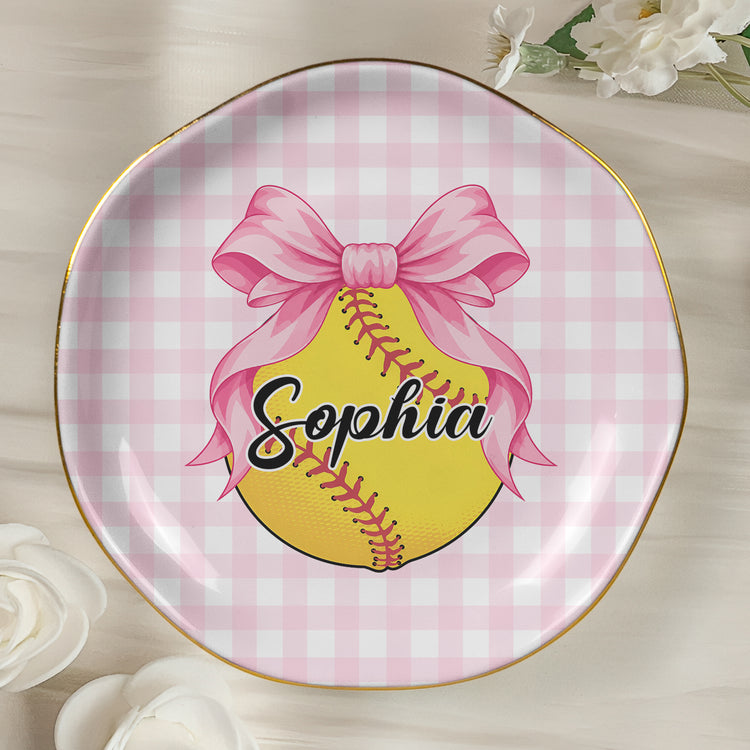 Coquette Bow Sport Custom Name Gift For Softball, Tennis, Volleyball, Basketball, Soccer, Hockey Lovers - Personalized Jewelry Dish 4
